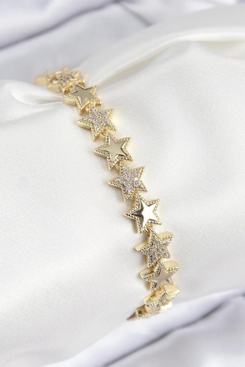 VIP Pirinç Zirkon Taşlı Yıldız Model Gold Renk Kadın Bileklik 00210