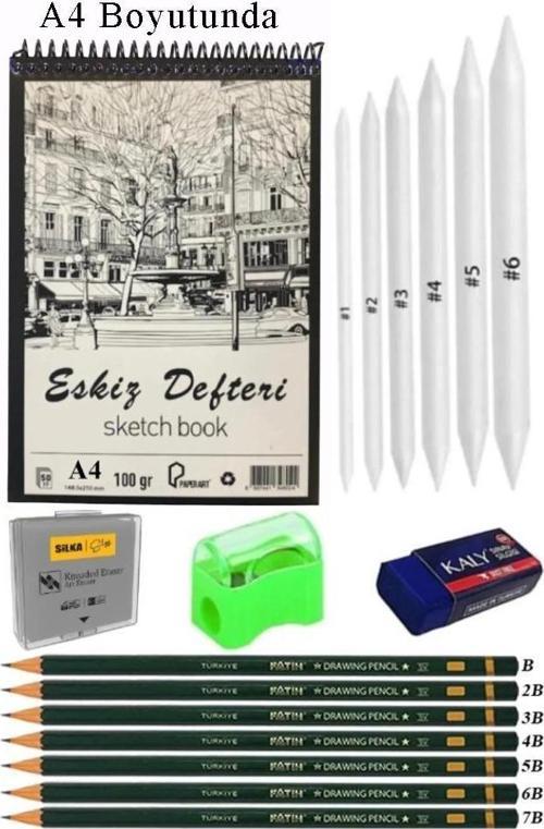 A4 Eskiz Defteri Spralli 50 Yaprak Karakalem Çizim Seti Gölgelendirme Kalemi Hamur Silgi Fatih Dereceli Kalem Hobi Tasar