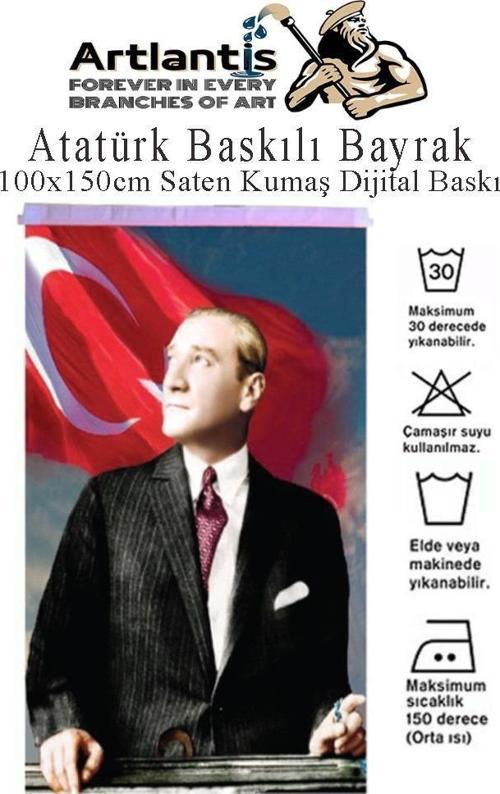 Atatürk Baskılı Türk Bayrağı 100x150 cm 1 Paket Dijital Baskı Bayraklı Atatürk Posteri Raşel Kumaş İç ve Dış Ortama Uygu