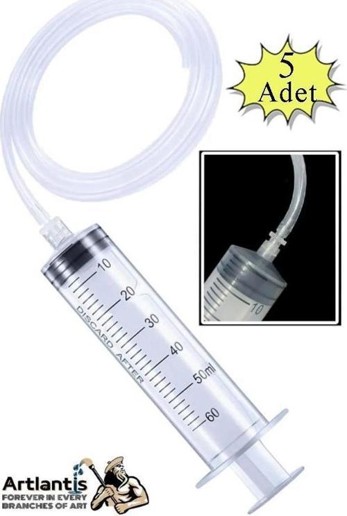Plastik Şırınga Hortumlu Büyük 60 ml 5 Paket Sıvı Emme Enjektörü Okul Deney Evcil Hayvan Besleme