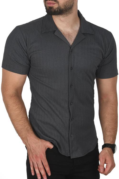 Erkek Antrasit Slim Fit Pamuklu Apaş Yaka Kısa Kol Penye  Gömlek Dokulu Jakar Kumaş Dar Kesim Spor Gömlek 2501216
