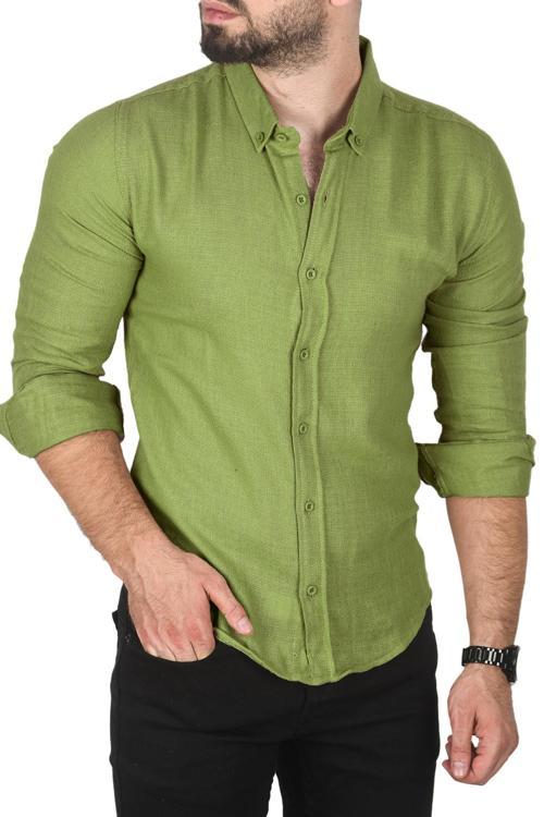 Erkek Haki Slim Fit %100 Pamuk Keten Gömlek Dar Kesim Dokulu Keten Gömlek 2501302