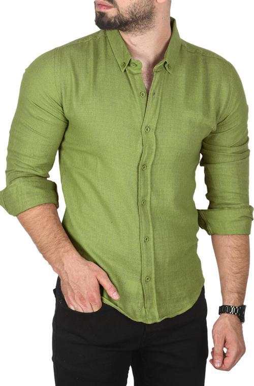 Erkek Haki Slim Fit %100 Pamuk Keten Gömlek Dar Kesim Dokulu Keten Gömlek 2501302