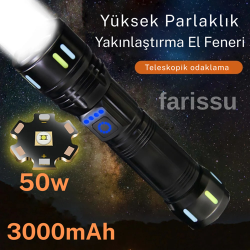 RT-171 1000 Lümen 50W Şarjlı LED El Feneri – 5 Modlu, Teleskopik Odaklamalı, Suya Dayanıklı