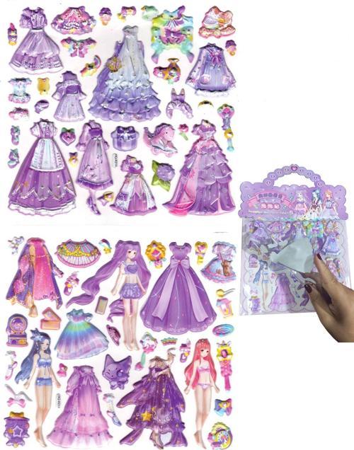 Sticker Kabartmalı Çantalı iki Sayfalı Sticker Seti (HQK014) - 21x17 cm- Lila Kız Giydirme