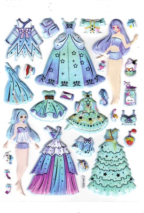 Sticker Kabartmalı Stiker Çıkartma Etiket (LAA603)-14x18 cm- Turkuaz Kız Prenses Giydirme