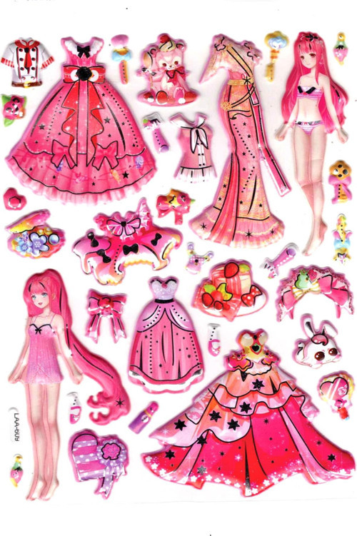 Sticker Kabartmalı Stiker Çıkartma Etiket (LAA609)-14x18 cm- Fuşya Kız Prenses Giydirme