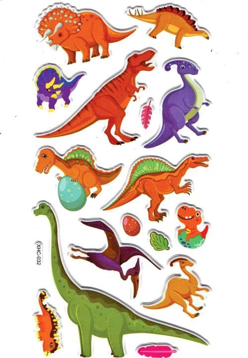 Sticker Kabartmalı Stiker Çıkartma Etiket (XHC032)-18x9 cm- Renkli Dinozor