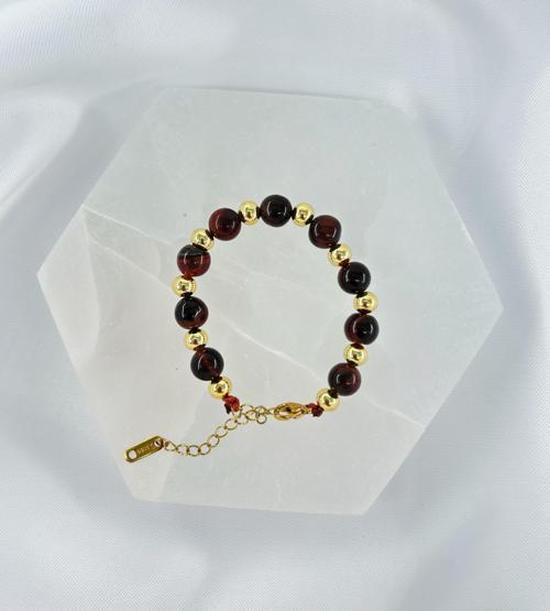 KIRMIZI KAPLAN GÖZÜ 8MM DOĞALTAŞ ÇELİK KLİPSLİ BİLEKLİK