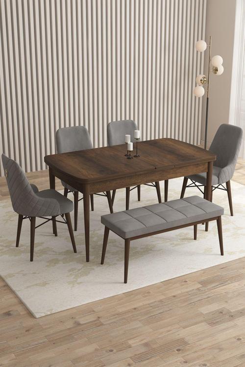 Mazaka Barok Desen 80x132 Açılabilir Mdf Masa Yemek Odası Takımı, Mutfak Takımı 4 Sandalye 1 Bench