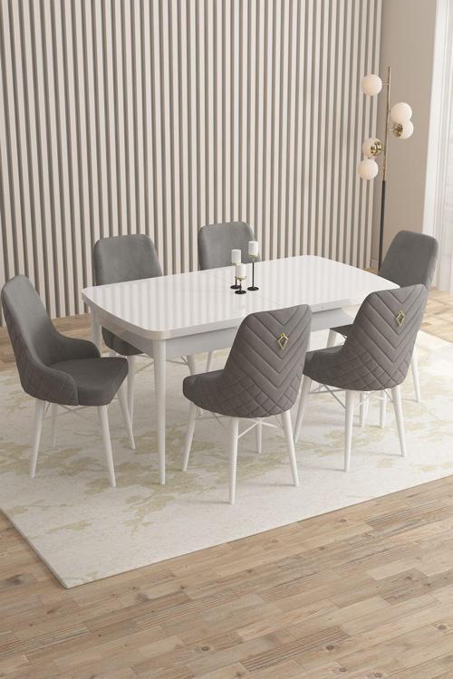 Mazaka Beyaz 80x132 Açılabilir Mdf Masa Yemek Odası Takımı, Mutfak Takımı 6 Adet Sandalye