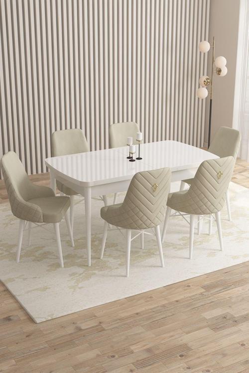 Mazaka Beyaz 80x132 Açılabilir Mdf Masa Yemek Odası Takımı, Mutfak Takımı 6 Adet Sandalye