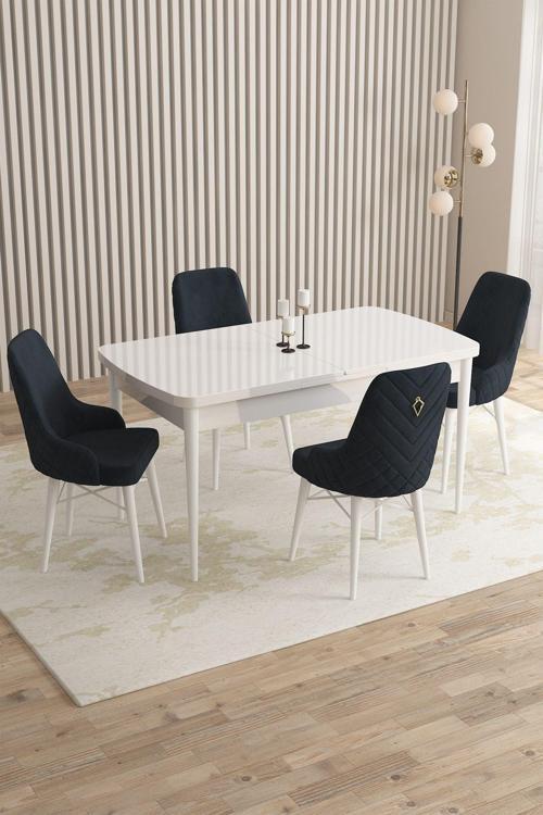 Mazaka Beyaz 80x132 Açılabilir Mdf Masa Yemek Odası Takımı, Mutfak Takımı 4 Adet Sandalye