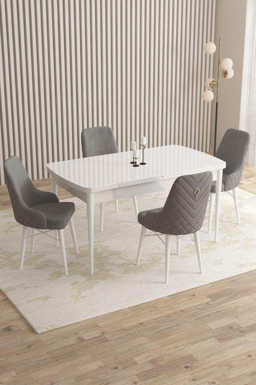 Mazaka Beyaz 80x132 Açılabilir Mdf Masa Yemek Odası Takımı, Mutfak Takımı 4 Adet Sandalye