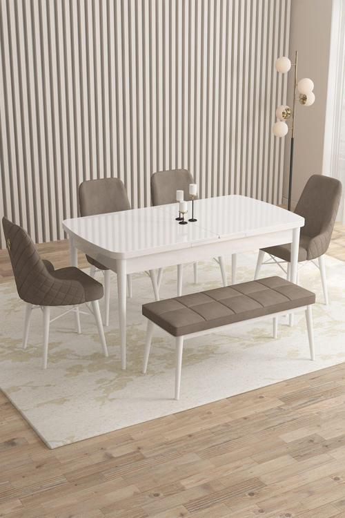 Mazaka Beyaz 80x132 Açılabilir Mdf Masa Yemek Odası Takımı, Mutfak Takımı 4 Sandalye 1 Bench