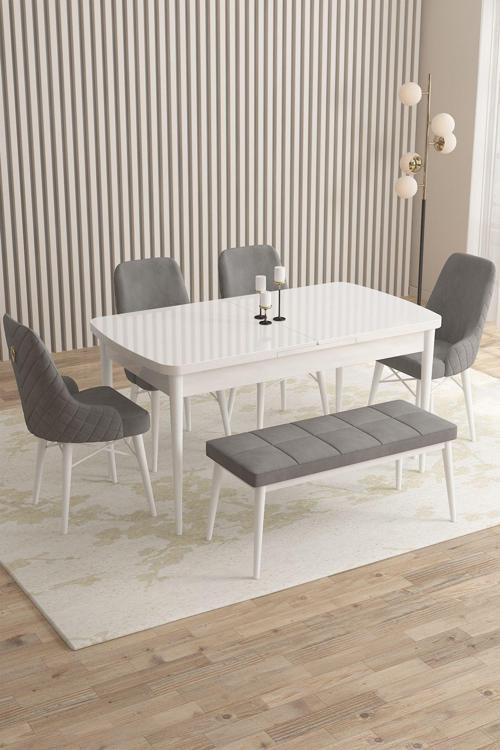 Mazaka Beyaz 80x132 Açılabilir Mdf Masa Yemek Odası Takımı, Mutfak Takımı 4 Sandalye 1 Bench