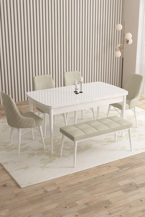 Mazaka Beyaz 80x132 Açılabilir Mdf Masa Yemek Odası Takımı, Mutfak Takımı 4 Sandalye 1 Bench