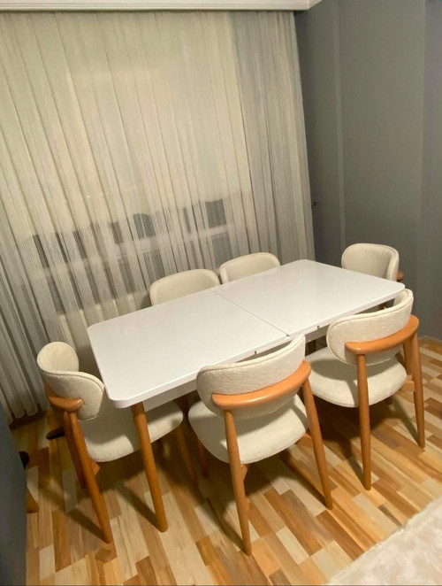 Ligna Beyaz 80x132 Açılabilir Mdf Masa Yemek Odası Takımı, Mutfak Takımı 6 Adet Sandalye