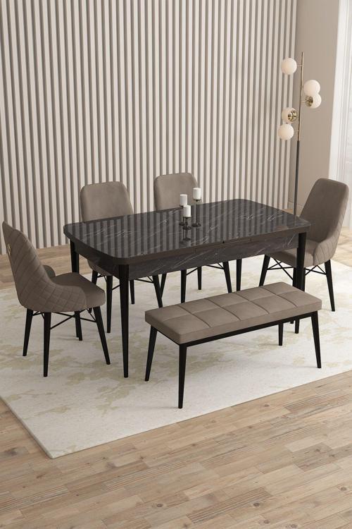 Mazaka Siyah Mermer 80x132 Açılabilir Mdf Masa Yemek Odası Takımı, Mutfak Takımı 4 Sandalye 1 Bench
