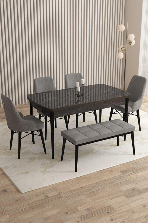 Mazaka Siyah Mermer 80x132 Açılabilir Mdf Masa Yemek Odası Takımı, Mutfak Takımı 4 Sandalye 1 Bench