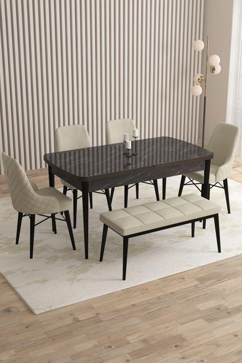 Mazaka Siyah Mermer 80x132 Açılabilir Mdf Masa Yemek Odası Takımı, Mutfak Takımı 4 Sandalye 1 Bench