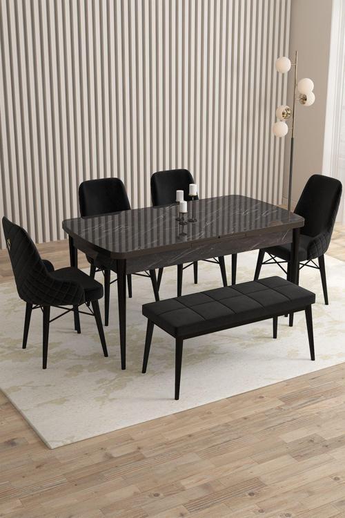 Mazaka Siyah Mermer 80x132 Açılabilir Mdf Masa Yemek Odası Takımı, Mutfak Takımı 4 Sandalye 1 Bench