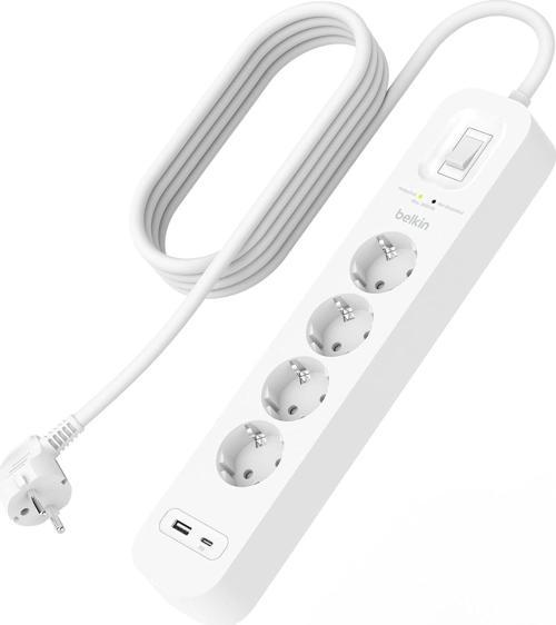 4'Lü Çoklu Priz, Yüksek Gerilim Korumalı, Duvara Montaj, 4 Priz, 2 M Güç Kablosu, Yeşil Işıkl