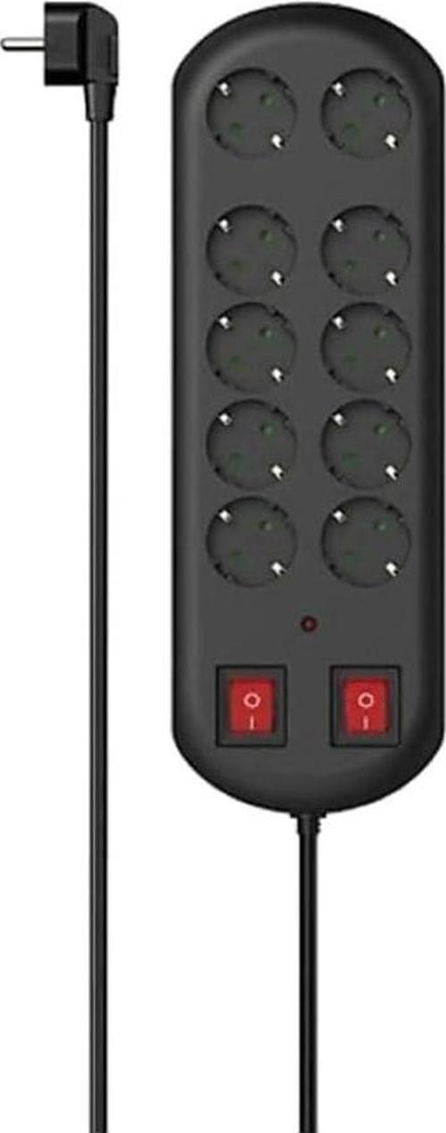 10'Lu Akım Korumalı Priz, 2 Switches, 2M, Siyah