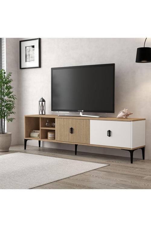 3806 Era Tv Ünitesi 180 Cm 2 Kapaklı Raflı Natural- Beyaz - Ahşap Tv Sehpası