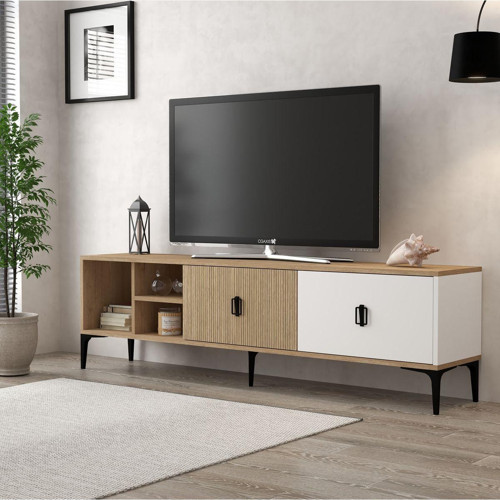3806 Era Tv Ünitesi 180 Cm 2 Kapaklı Raflı Natural- Beyaz - Ahşap Tv Sehpası