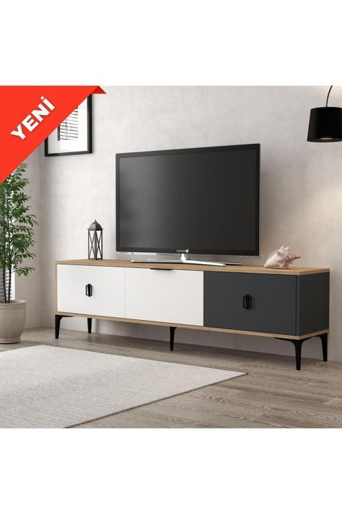 3801 Neva Tv Ünitesi 180 Cm 3 Kapaklı Natural- Antrasit - Beyaz Tv Sehpası