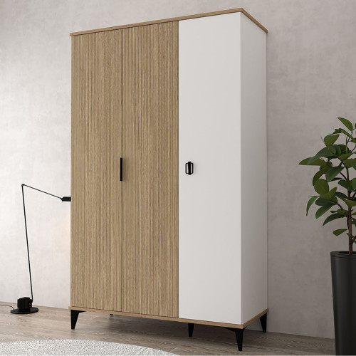 6304 Neva 3 Kapılı 200 Cm Gizli Çekmeceli Gardırop , Elbise Dolabı , Genç Odası Ahşap - Beyaz