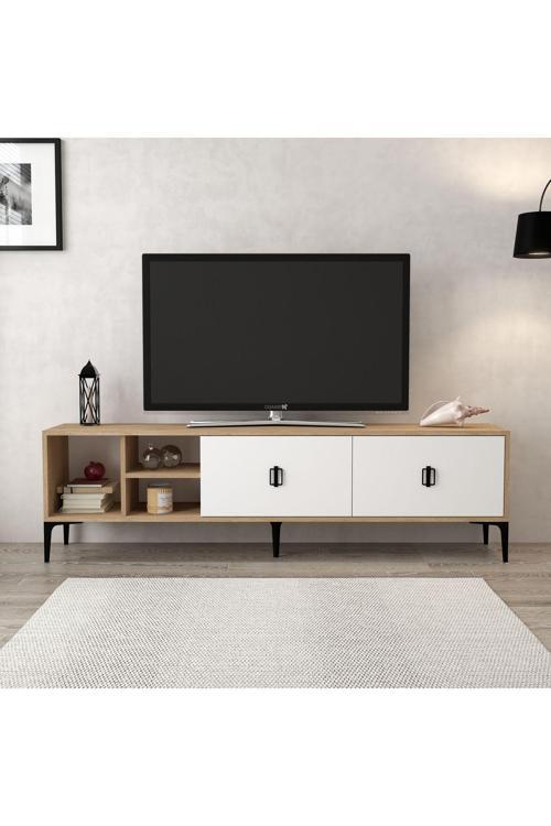 3804 Era Tv Ünitesi 180 Cm 2 Kapaklı Raflı Natural- Beyaz Tv Sehpası