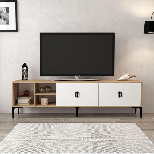 3804 Era Tv Ünitesi 180 Cm 2 Kapaklı Raflı Natural- Beyaz Tv Sehpası