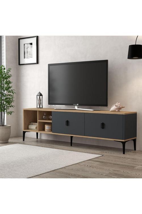 3805 Era Tv Ünitesi 180 Cm 2 Kapaklı Raflı Natural- Antrasit Tv Sehpası