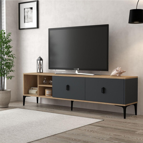 3805 Era Tv Ünitesi 180 Cm 2 Kapaklı Raflı Natural- Antrasit Tv Sehpası