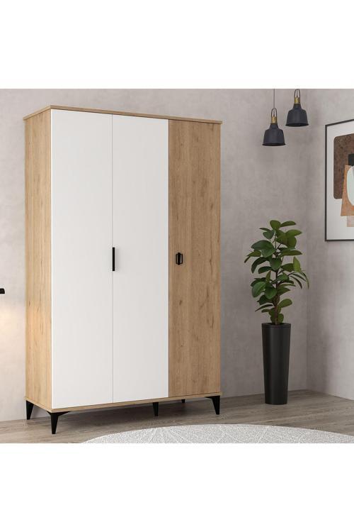 6303 Neva 3 Kapılı 200 Cm Gizli Çekmeceli Gardırop , Elbise Dolabı , Genç Odası Beyaz Sepet