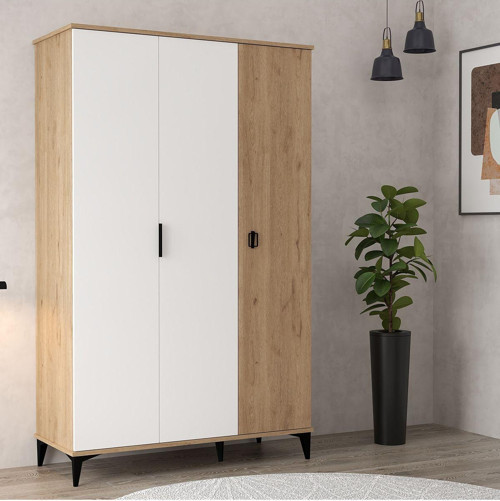 6303 Neva 3 Kapılı 200 Cm Gizli Çekmeceli Gardırop , Elbise Dolabı , Genç Odası Beyaz Sepet