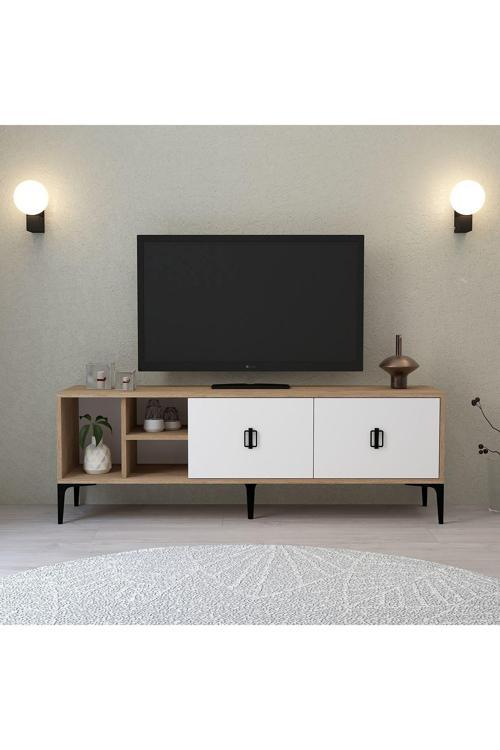 3504 Era Tv Ünitesi 150 Cm Kapaklı Raflı Natural- Beyaz Tv Sehpası