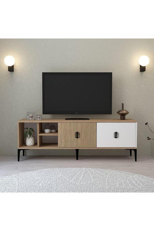 3506 Era Tv Ünitesi 150 Cm Kapaklı Raflı Natural- Ahşap - Beyaz Tv Sehpası