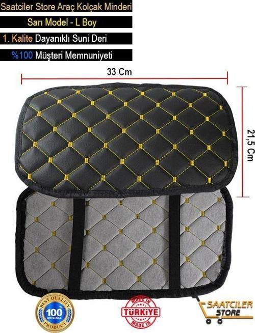 Kia Pride İle Uyumlu Deri Oto Kolçak Kılıfı Örtüsü Capitone Süngerli Sarı Nakışlı