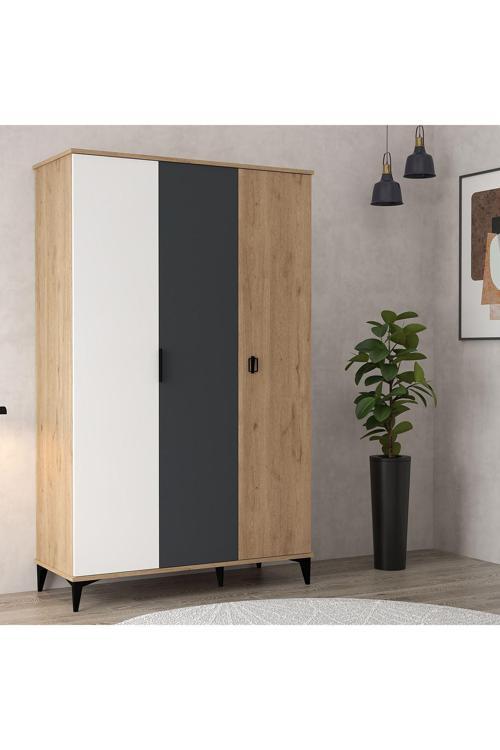6302 Neva 3 Kapılı 200 Cm Gizli Çekmeceli Gardırop , Elbise Dolabı , Genç Odası Antrasit Beyaz Sepet