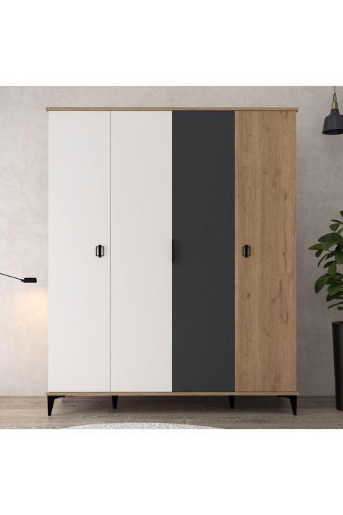 6402 Neva 4 Kapılı 200 Cm Gizli Çekmeceli Gardırop , Elbise Dolabı , Genç Odası Antrasit - Beyaz