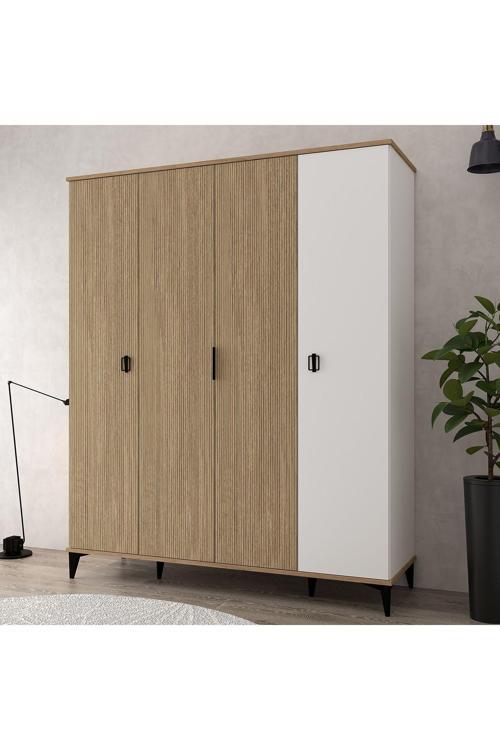 6404 Neva 4 Kapılı 200 Cm Gizli Çekmeceli Gardırop , Elbise Dolabı , Genç Odası Natural- Beyaz