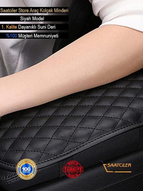 Hyundai Atos İle Uyumlu Deri Oto Kolçak Kılıfı Örtüsü Capitone Süngerli Siyah Nakışlı