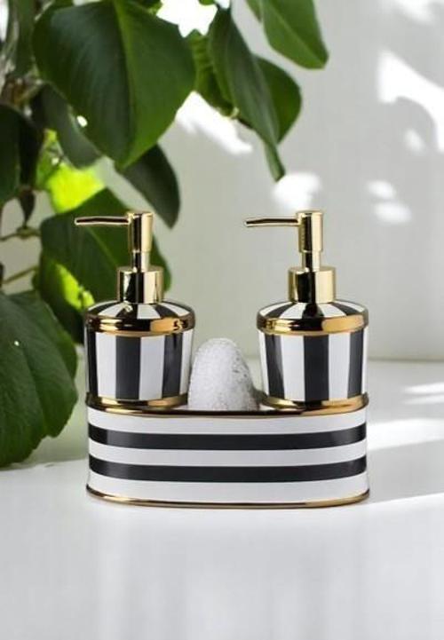 2 Hazneli Porselen Mutfak 400ml Set Sıvı Sabunluk Çizgili Model Fırçalı 40051