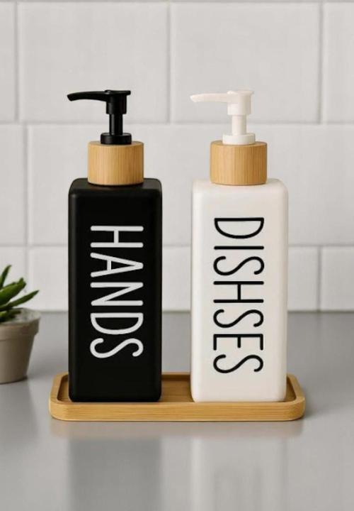 2’li Hands Dishes Soft Dekoratif Mutfak Banyo Sıvı Cam Sabunluk Seti 500ml Bambu Stantlı Set