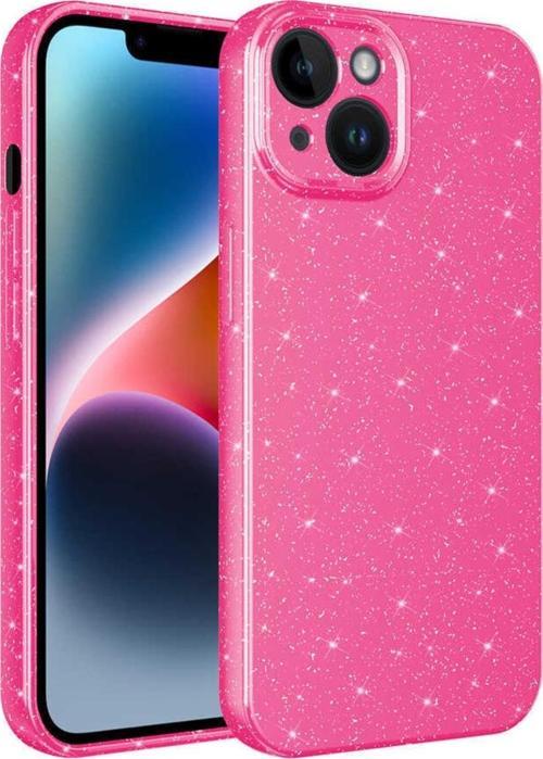 Apple Iphone 13 Ile Uyumlu Kılıf Kamera Korumalı Simli Lüks Koton Kapak Pembe Koyu