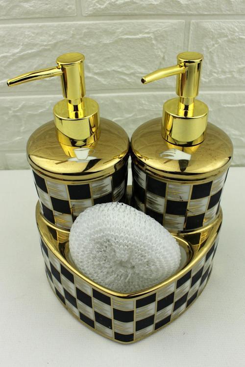 2 Hazneli Kalp Model Porselen Mutfak 400ml Set Sıvı Sabunluk Damalı Fırçalı 19903