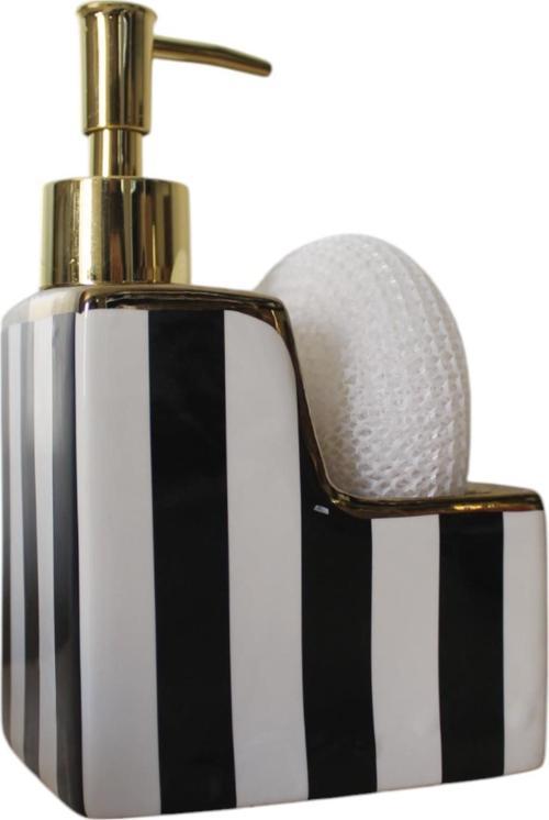 Porselen 500ml Sıvı Sabunluk Süngerlik Bölmeli Siyah Beyaz